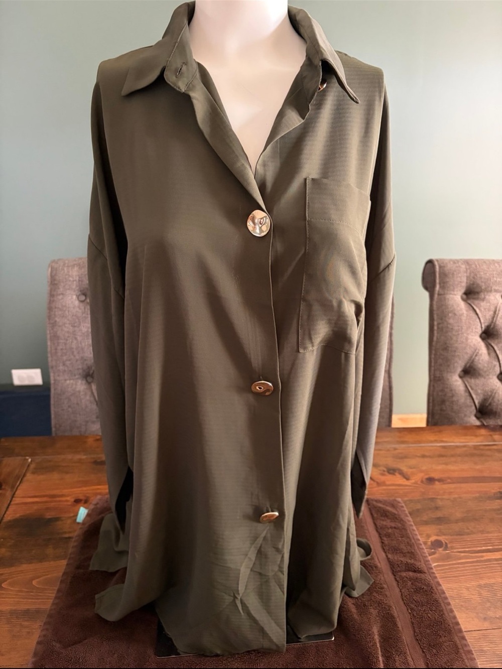 Olive Green Button-Front Shirt Long Length